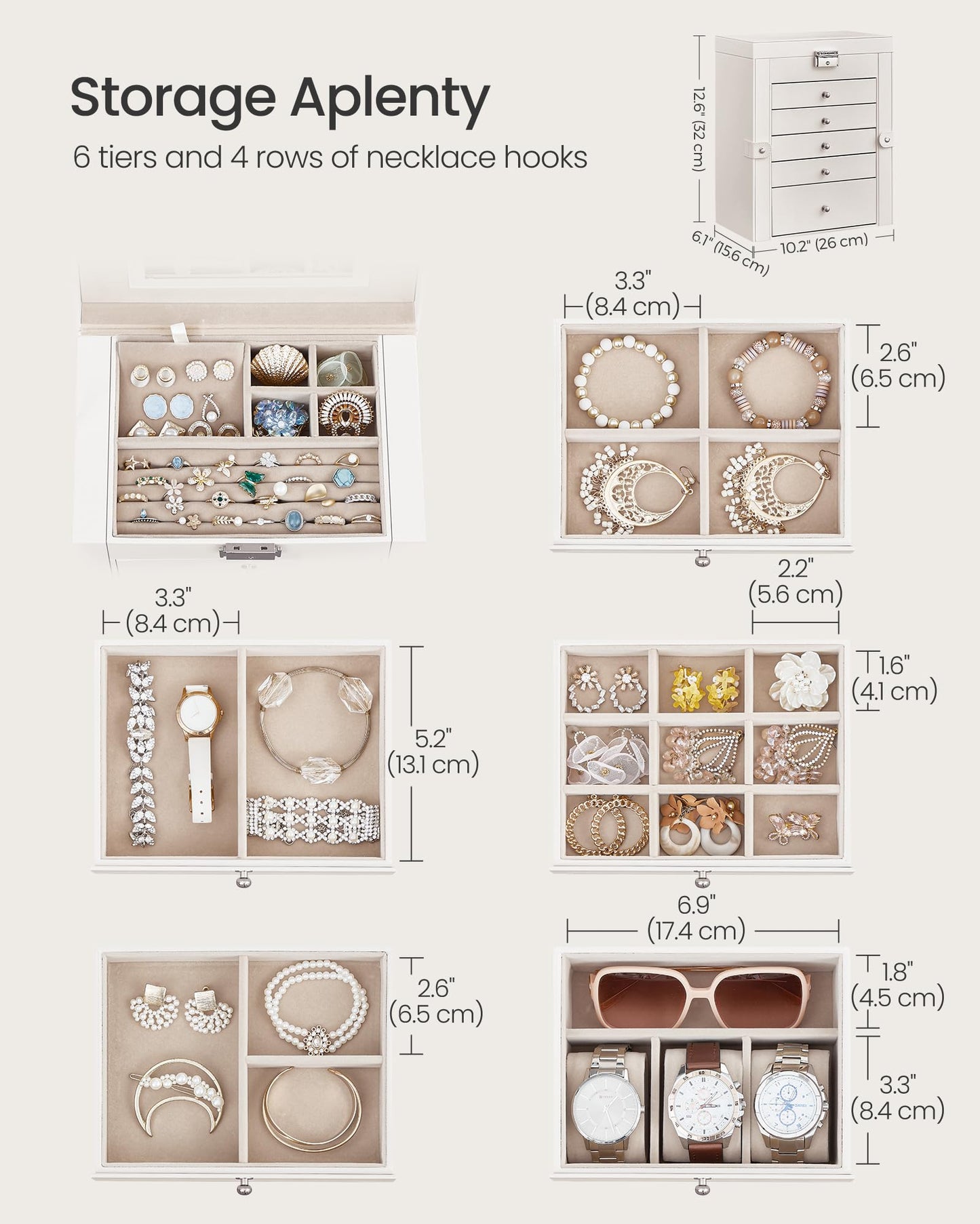 SONGMICS 6 Tier Jewelry Box, Jewelry Storage Organizer with 5 Drawers, Large Storage Capacity, with Mirror, Lockable, Jewelry Case, Gift for Loved…