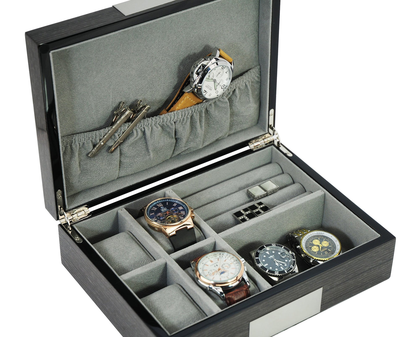 Grey Ginko Lacquered Wood Watch Cufflink Case & Ring Storage Organizer Men's Jewelry Box Father's Day