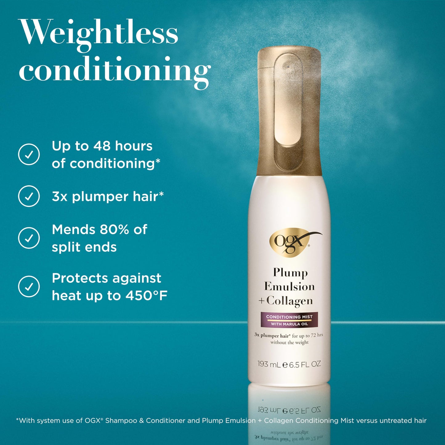 OGX Plump Emulsion + Collagen Conditioning Hair Mist, Volumizing Hair Spray with Marula Oil for 3x Plumper Hair* for up to 72 Hours Without the