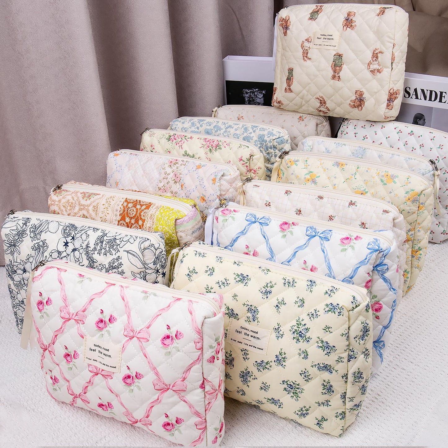 Floral Makeup Bag – Large Quilted Cosmetic Pouch for Women & Girls, Cute Cotton Travel Toiletry Organizer, Blue Flower Design