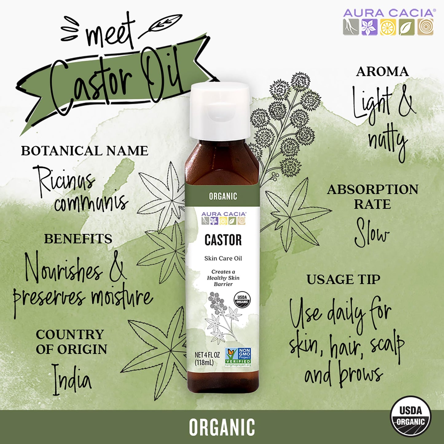 2 Packs of Aura Cacia Skin Care Oil - Organic Castor Oil - 4 Fl Oz