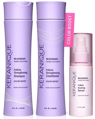 Keranique Color Treated Shampoo and Conditioner Set with Follicle Booster Hair Serum - Keratin Enriched Color Boost Set w/Shampoo, Conditioner