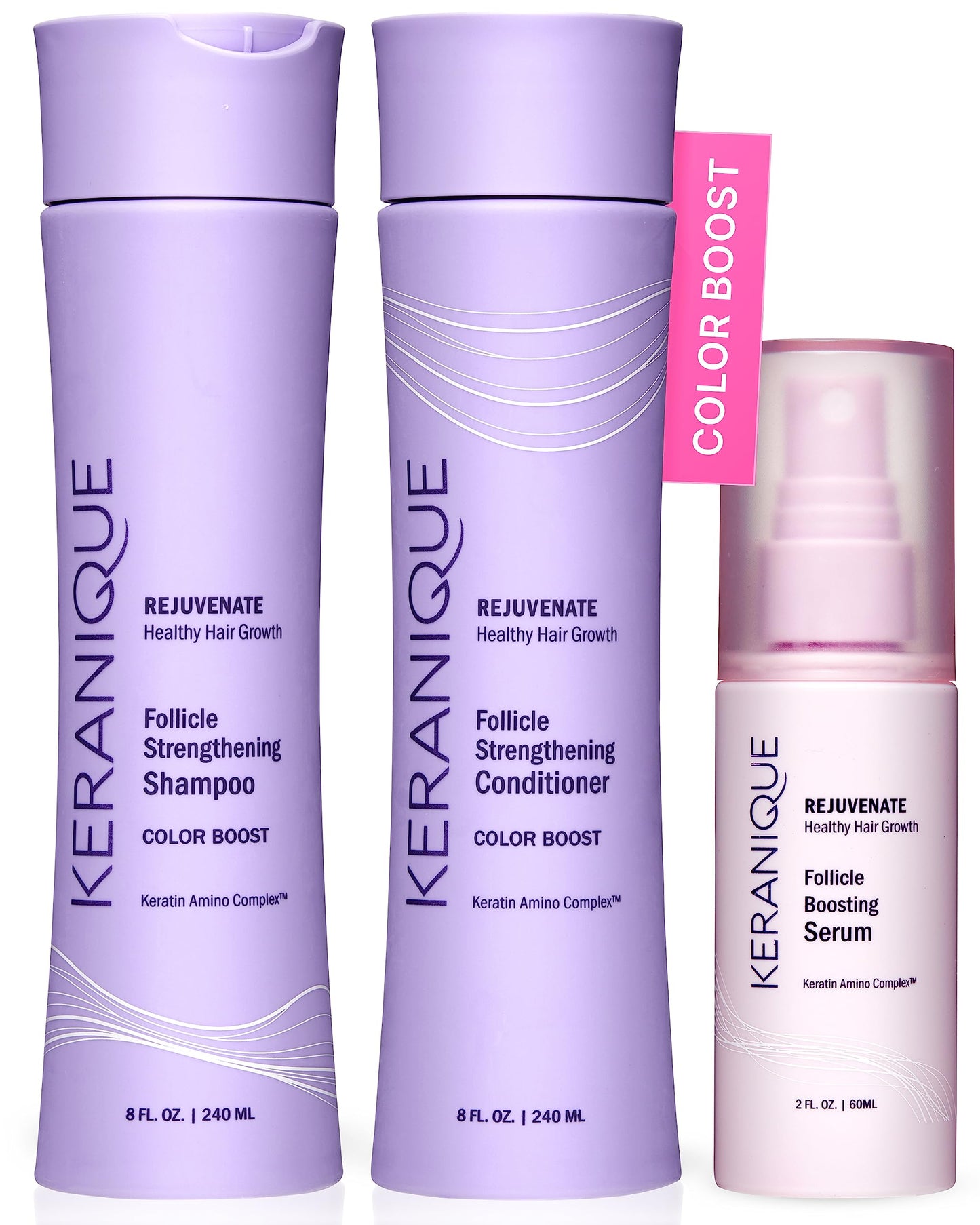 Keranique Color Treated Shampoo and Conditioner Set with Follicle Booster Hair Serum - Keratin Enriched Color Boost Set w/Shampoo, Conditioner