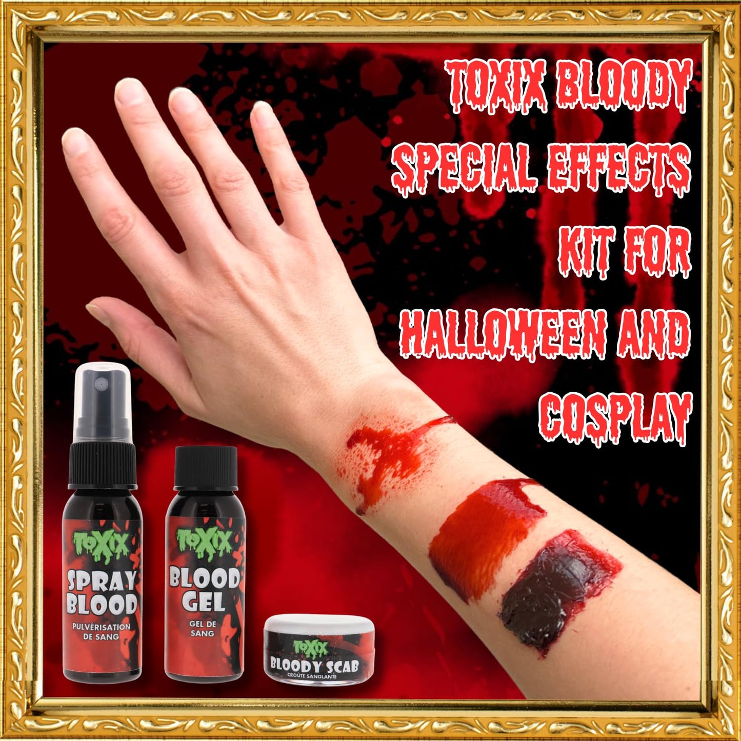 TOXIX 3PCS Halloween Fake Blood Kit- Spray Blood 1FL OZ + Blood Gel 1FL OZ + Bloody Scab 30 Grams, Washable Realistic Special FX Makeup, Zombie