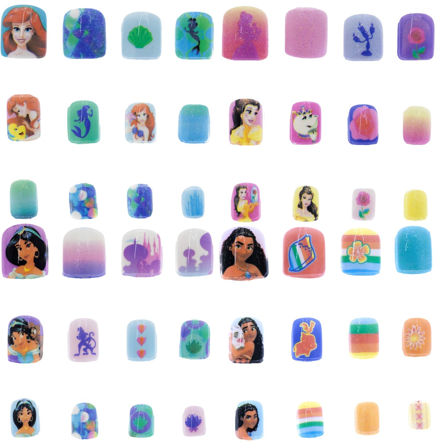 Disney Princess - Townley Girl 48 Pcs Press-On Nails Artificial False Nails Set for Girls, Kids with Pre-Glue Full Cover Acrylic Nail Tip Kit, Ages 6+
