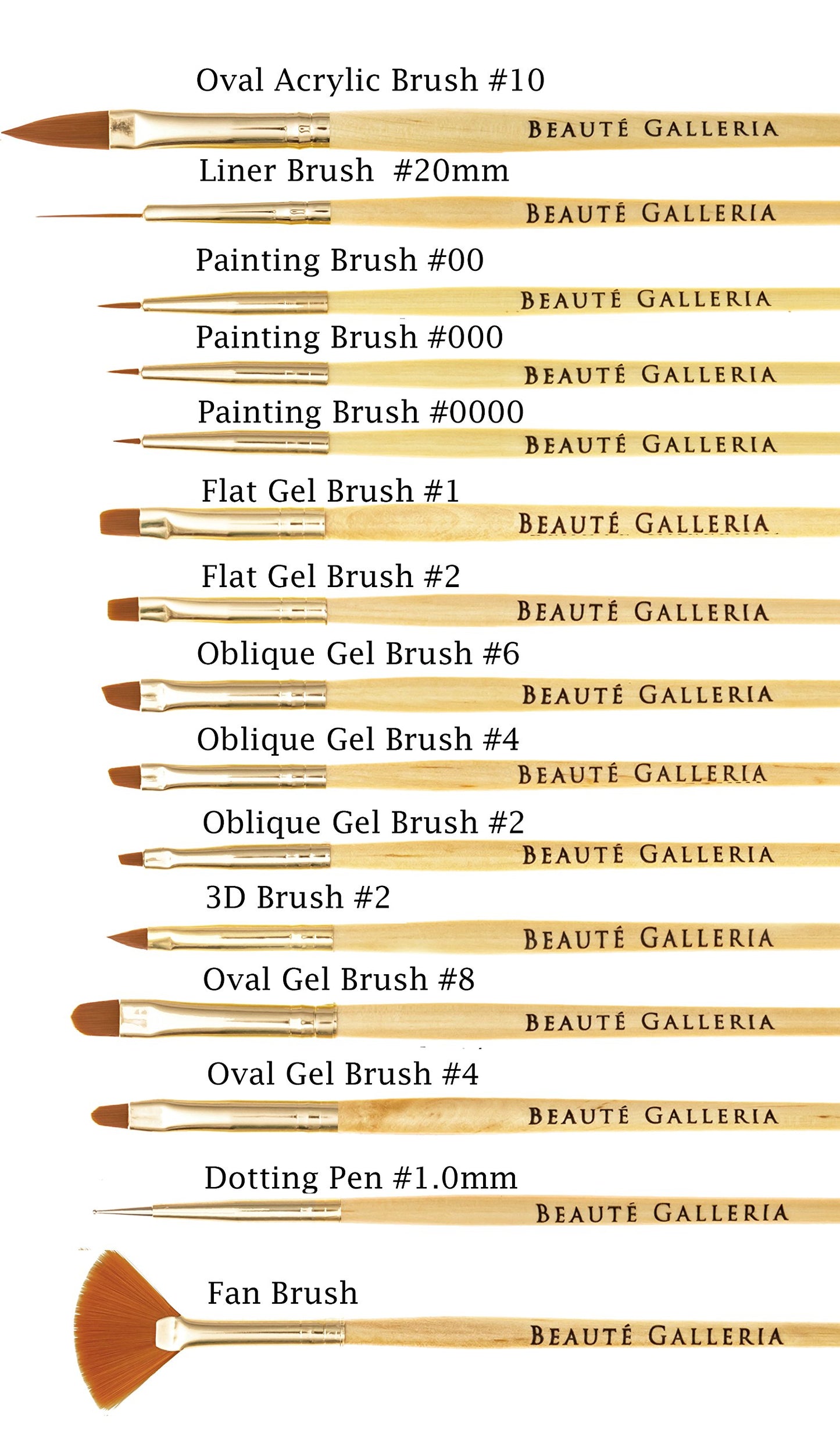 Beaute Galleria 15 Pieces Nail Art Brush Set for Detailing, Striping, Blending, One-Stroke Nail Art with Gel Brushes, Painting Brushes, 3D Brush