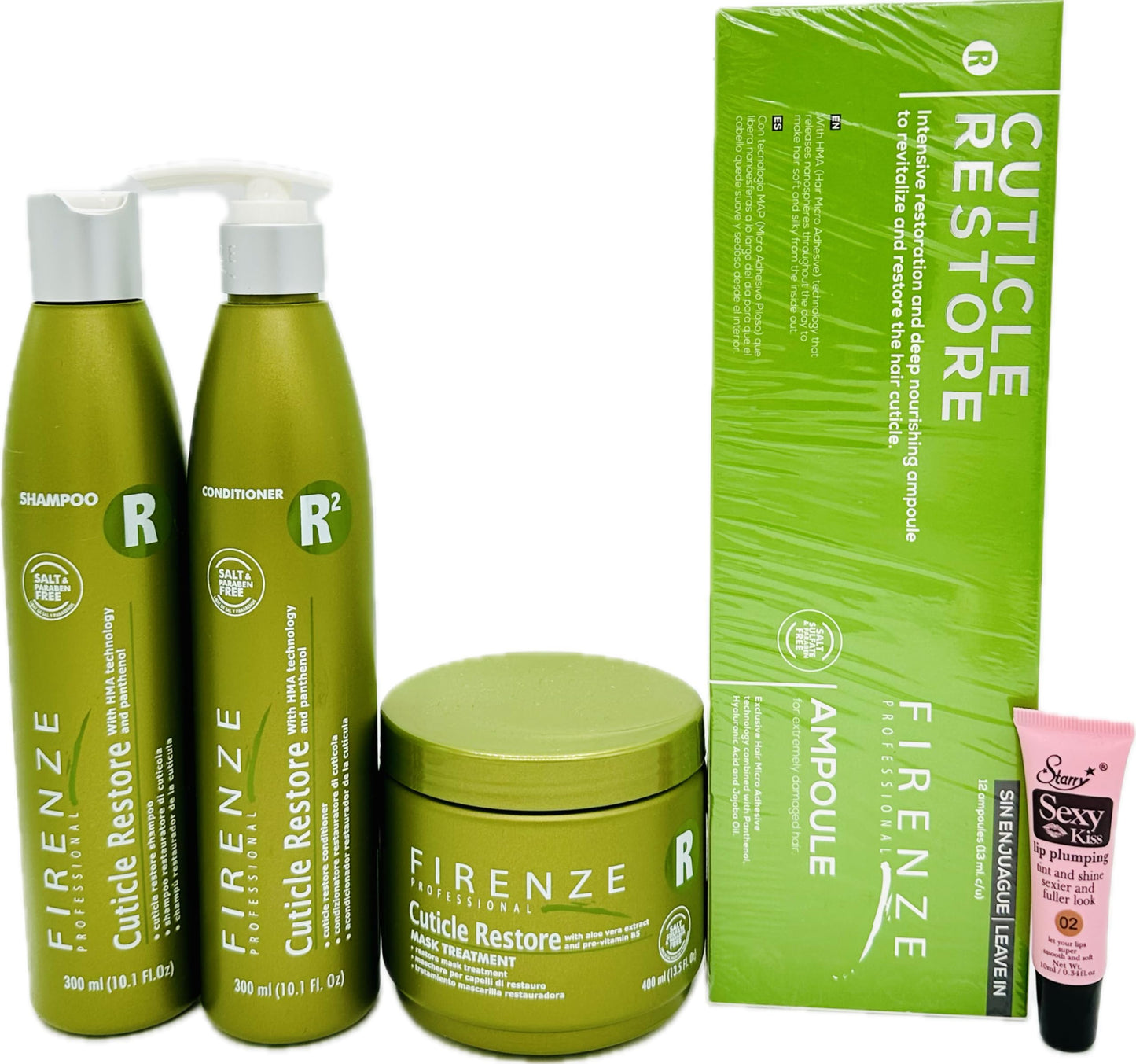 Firenze Professional Cuticle Restore Shampoo 300ml/10.1oz, Conditioner 10.1 oz , Mask Treatment 400ml/ 13.5 oz and Ampoules for extremelt damaged hair