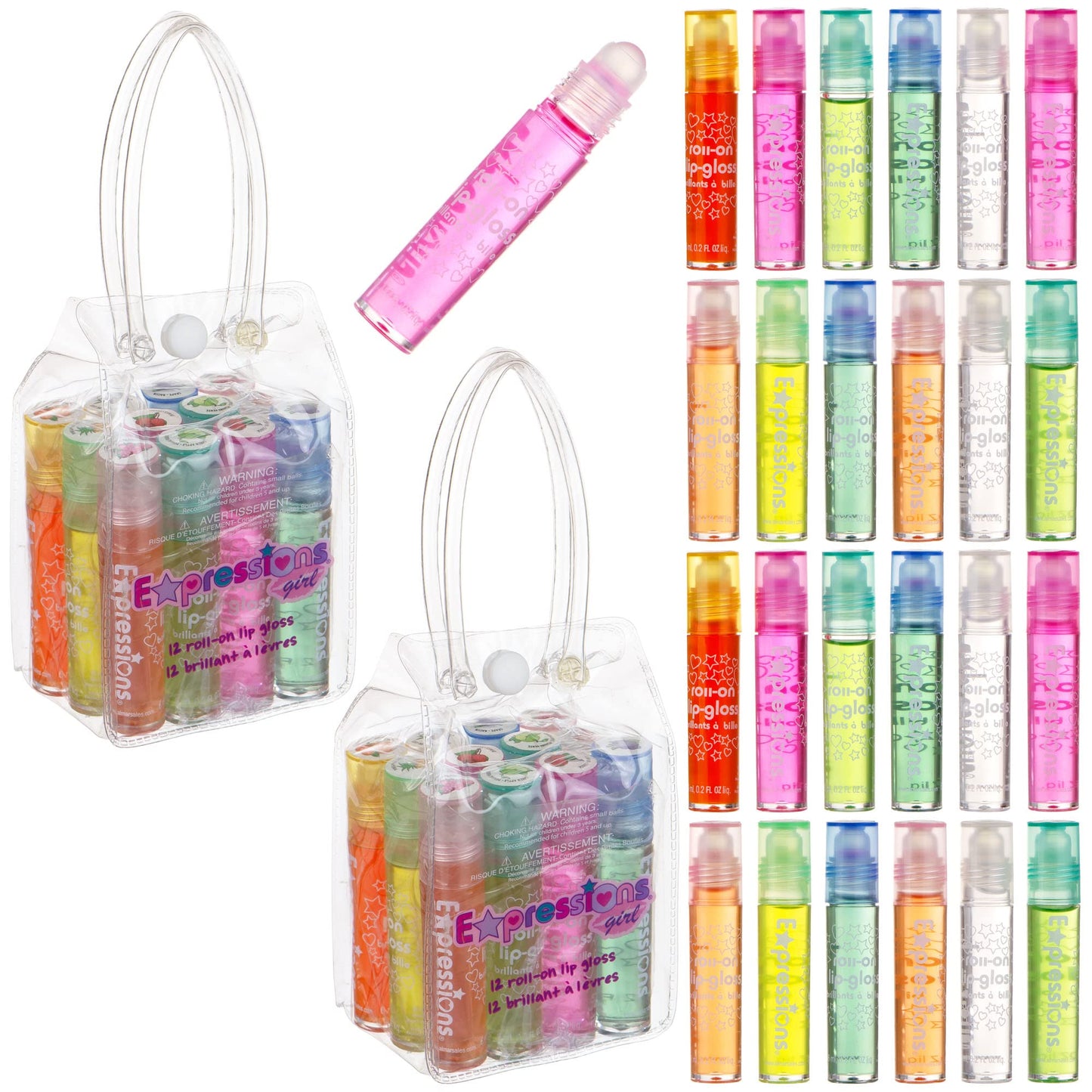 Expressions girl 24pc Roll On Lip Gloss Set with Carrying Case, Glossy Lip Make-up for Kids and Teens - Fruity Flavors, Non Toxic, Kid Friendly, Party