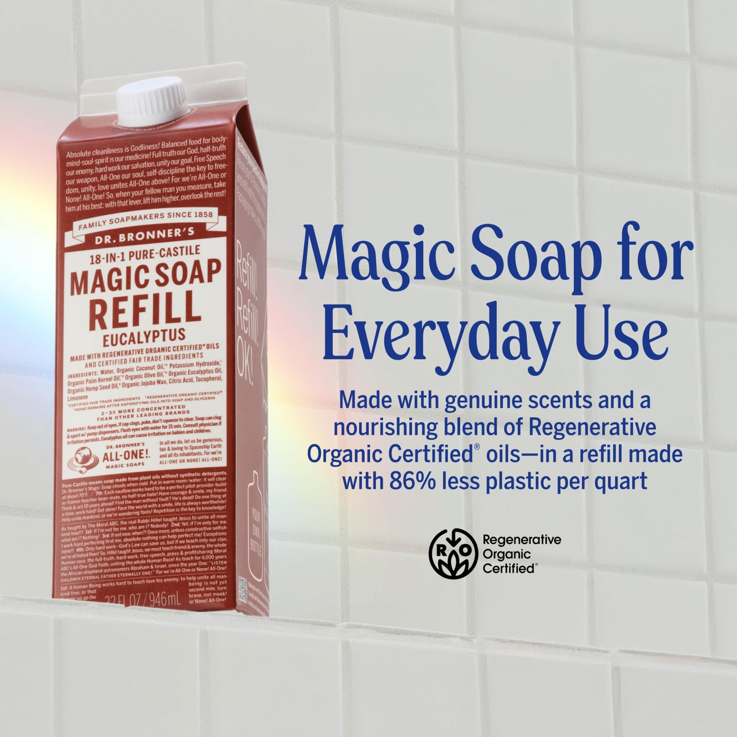 Dr. Bronner's Magic Soap-Pure-Castile Liquid Refill (Eucalyptus, 32 ounce, 1-Pack) - Regenerative Organic Certified Oils, For Body, Hair, Laundry