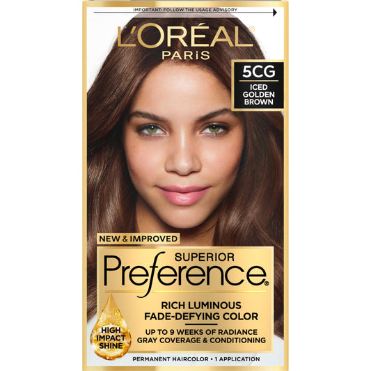 L'Oreal Paris Superior Preference Luminous Fade-Defying Permanent Hair Color, Hair Dye For Up to 9 Weeks of Radiance, Iced Golden Brown 5CG, 1 Hair