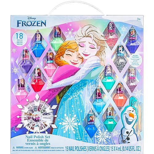 Disney Frozen Non-Toxic Peel-Off Nail Polish Set with Shimmery and Opaque Colors with Nail Gems for Girls Ages 3+, Perfect for Parties, Sleepovers