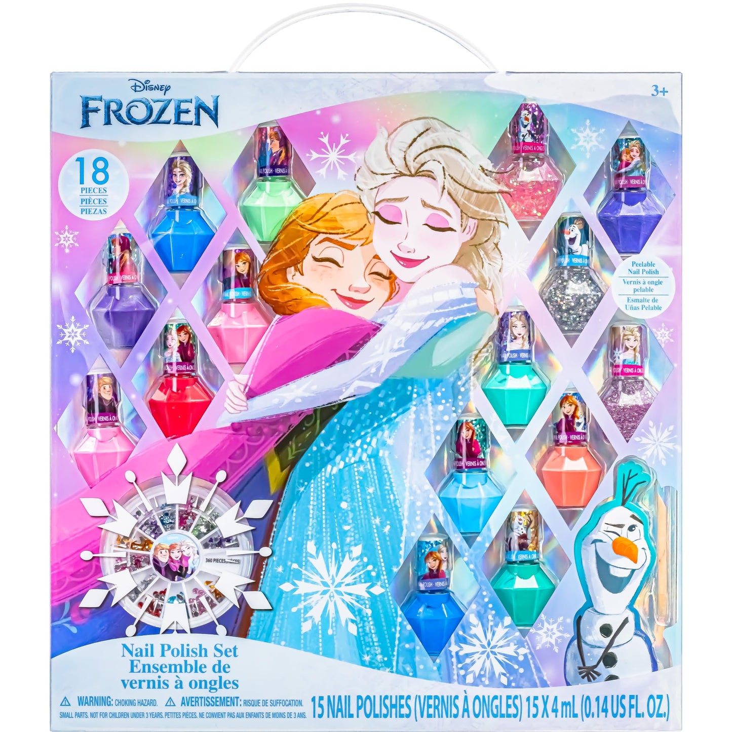 Disney Frozen Non-Toxic Peel-Off Nail Polish Set with Shimmery and Opaque Colors with Nail Gems for Girls Ages 3+, Perfect for Parties, Sleepovers