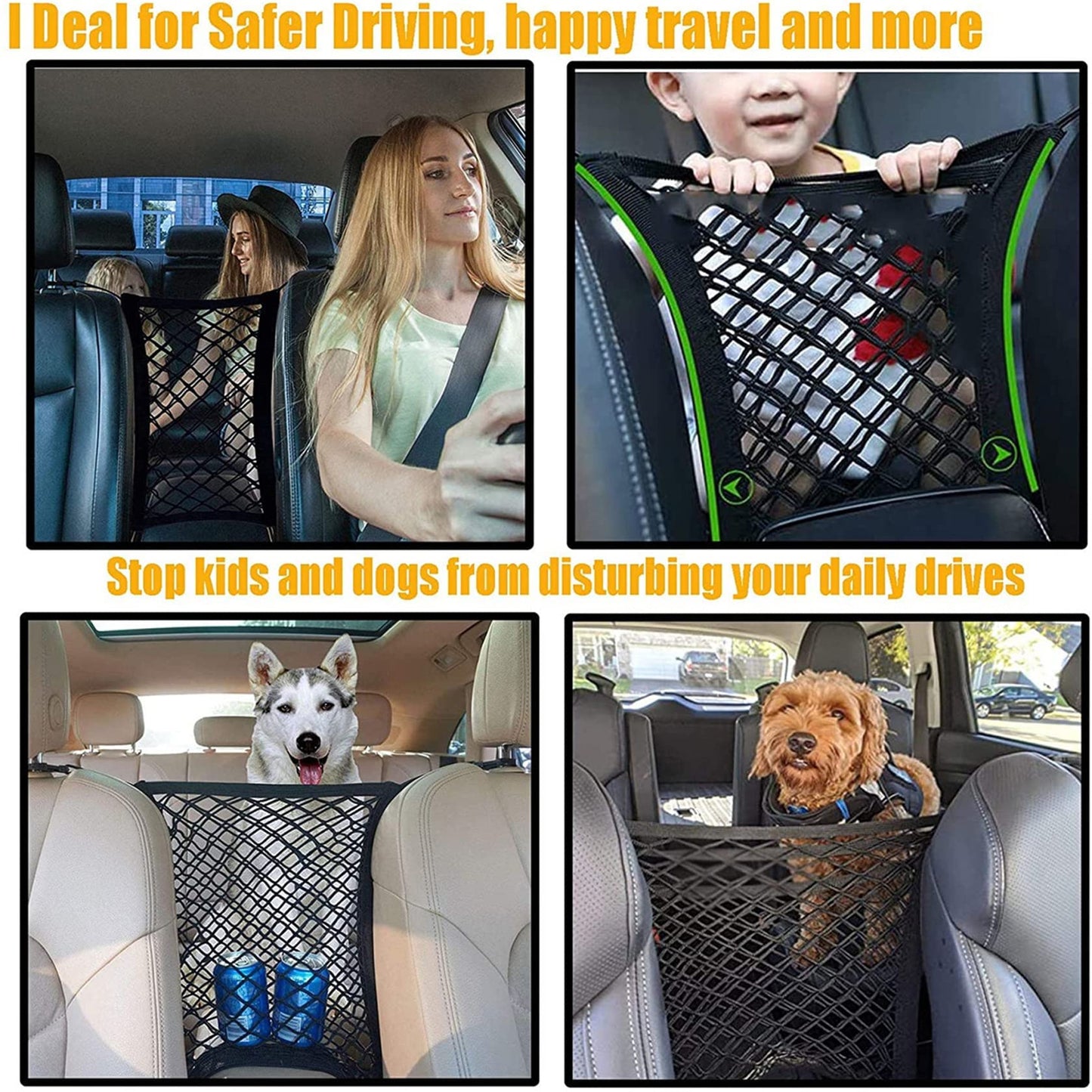 DYKESON Dog Car Net Barrier with Safety Mesh Organizer – Stretchable Storage Bag, Easy Install Car Divider for SUVs & Cars – Safe Driving with Pets & Kids