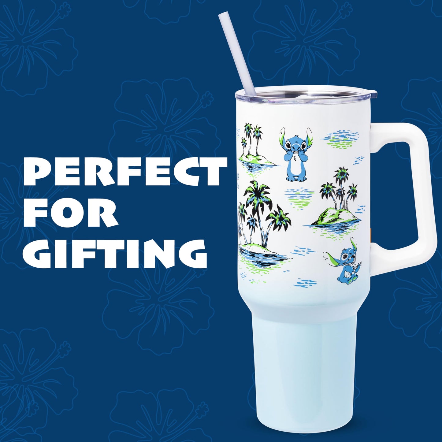 Silver Buffalo Disney Lilo and Stitch Vintage Sketch Palm Trees and Flowers Double Walled Stainless Steel Tumbler with Handle and Straw, Fits…