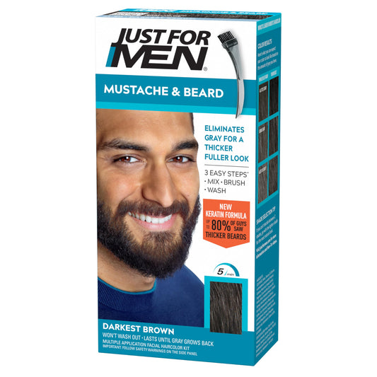 Just For Men Mustache & Beard, Beard Coloring for Gray Hair with Brush Included, With Keratin Biotin Aloe and Coconut Oil for Healthy Facial Hair