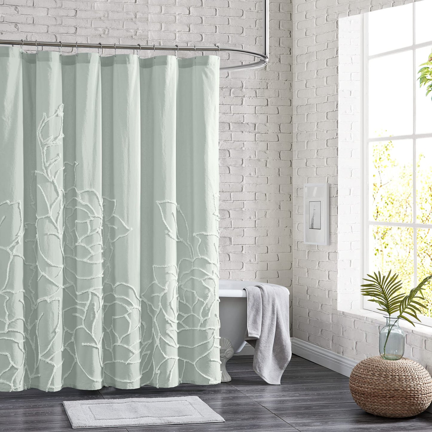 Peri Home 100% Cotton Sage Fabric Shower Curtain for Bathroom, 72 x 72 inches, Green Chenille Rose