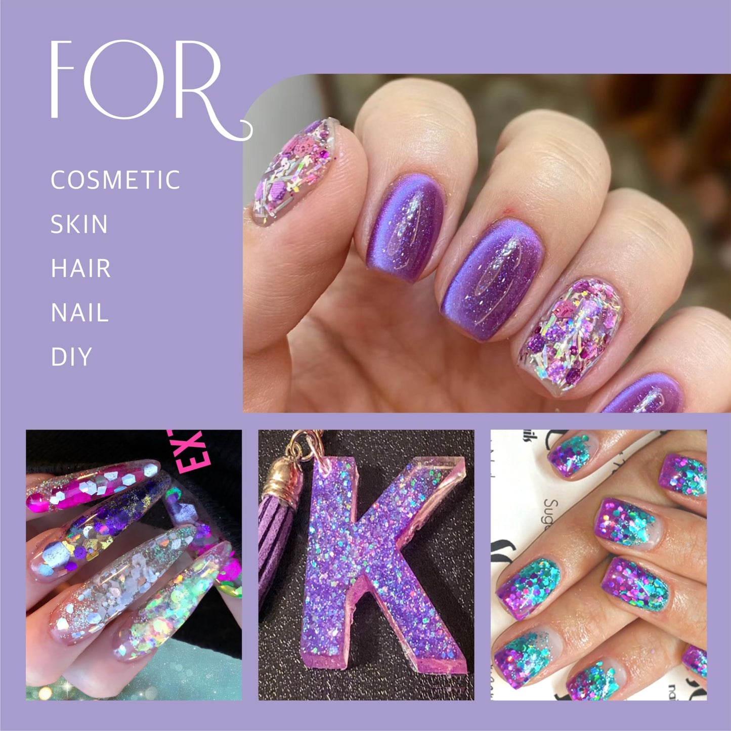 GABOX 8-Jar Mermaid Purple Glitter Set, Holographic Fine Powder & 1mm & 2mm & 3mm Sequins Flakes Set for Cosmetic - Nail - Resin, Iridescent Art