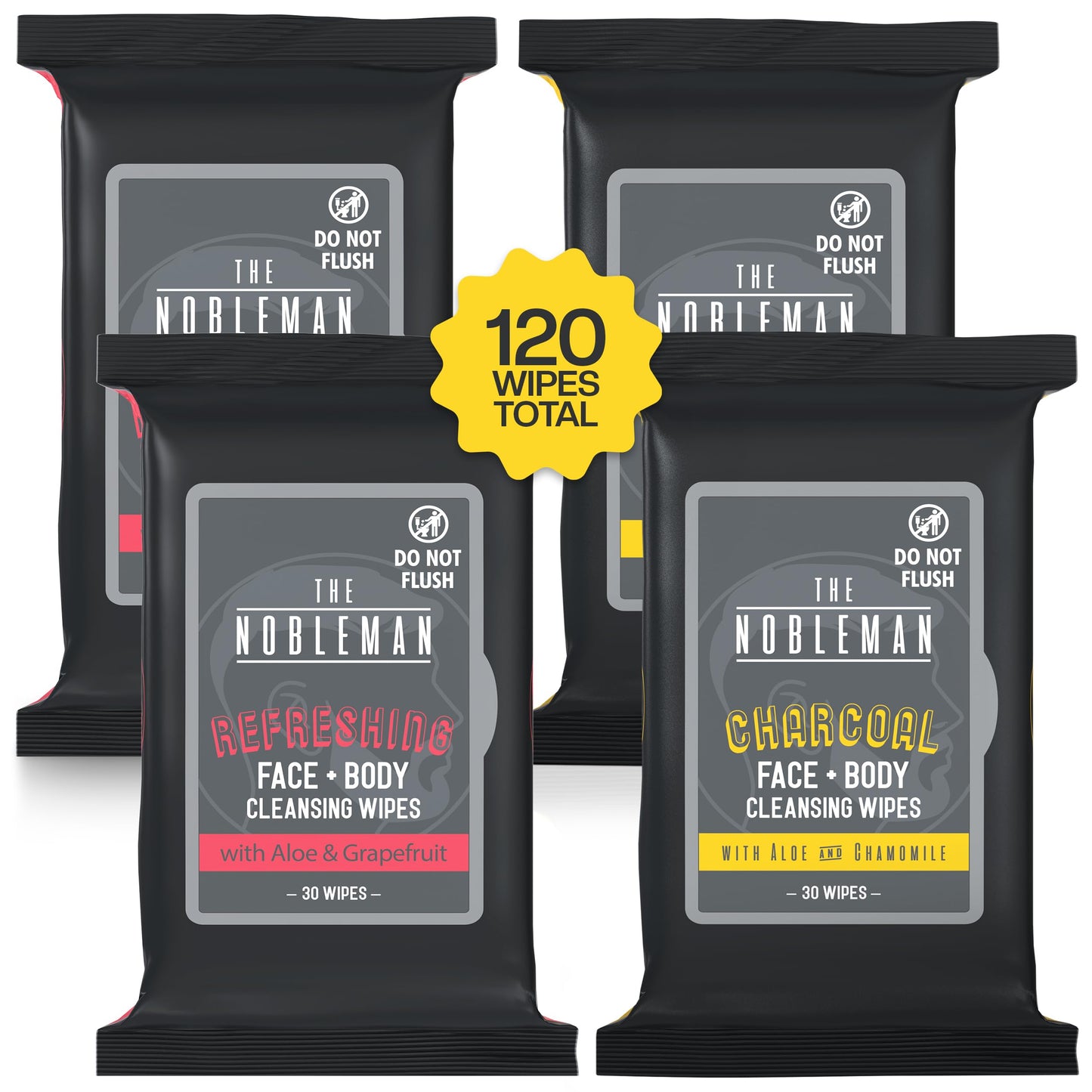 The Nobleman 4-Pack Face + Body Aloe Infused Cleansing Wipes: 2 Charcoal Packs with Chamomile and 2 Refreshing Packs with Grapefruit (120 Ct.)