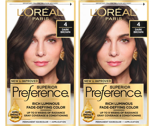 L'Oreal Paris Superior Preference Luminous Fade-Defying Permanent Hair Color, Hair Dye For Up to 9 Weeks of Radiance, Dark Brown 4, 1 Hair Dye Kit