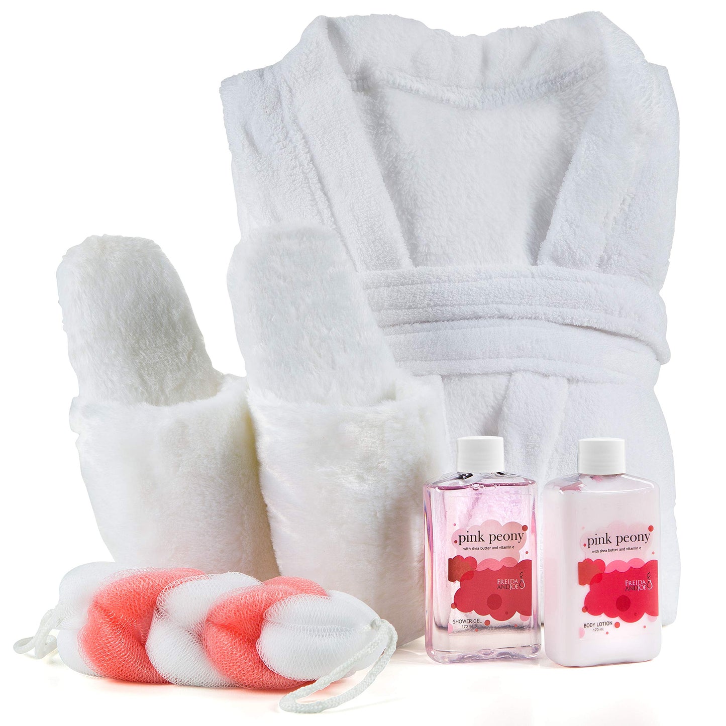 Luxury Home Spa Gift Basket with Pink Peony Scent - Indulgent Ultra Soft Bathrobe & Plush Slipper Spa Box for Women - Complete Bath & Body Set Luxury