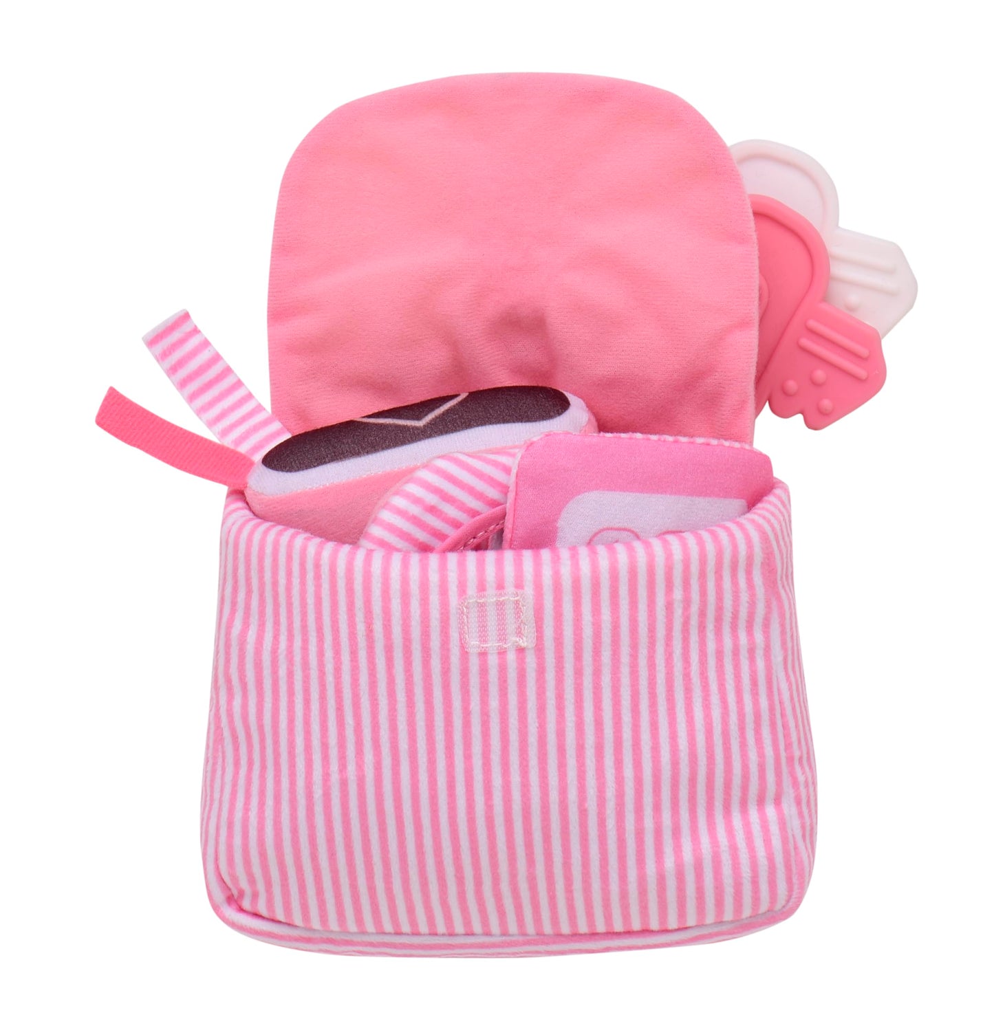 4 Piece Plush My First Purse Play Set with Sensory Toys and Bonus Teether Keys for Baby, Pink Stripe, 8 inch
