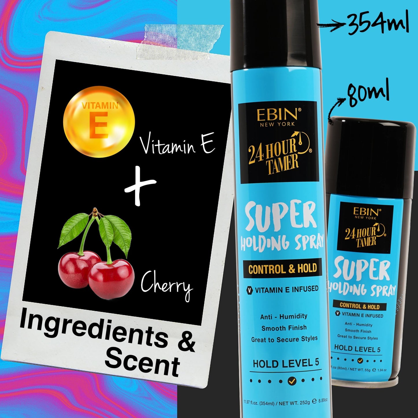 EBIN NEW YORK 24 Hour Tamer Super Holding Spray - Contol & Hold 1.94oz/ 80ml | Tames Frizz & Flyaway, Gives High Shine & Volume, All Day Hold