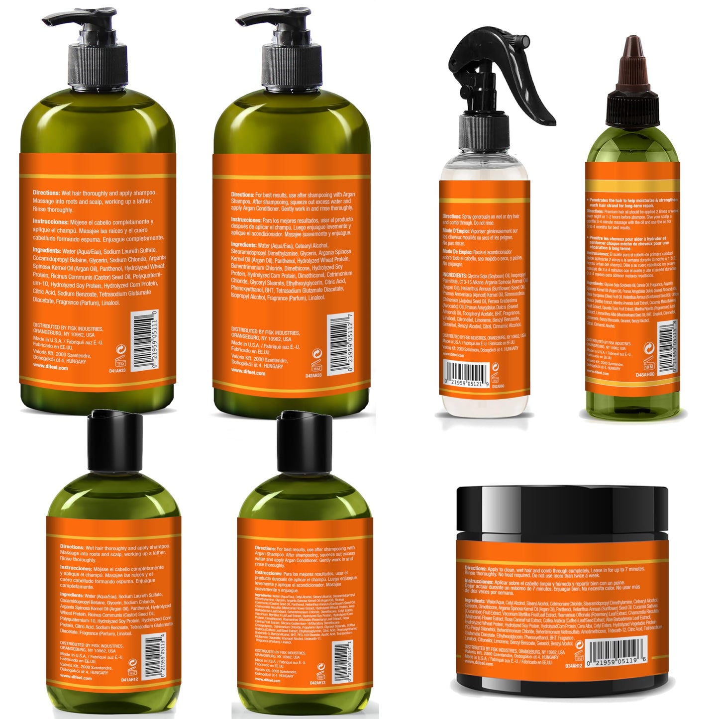 Difeel Argan Hydrating Shampoo & Conditioner Collection - 8 Piece Set, Includes Hair Oil, Mask, Leave in Spray, Travel Size - Sulfate Free, Paraben
