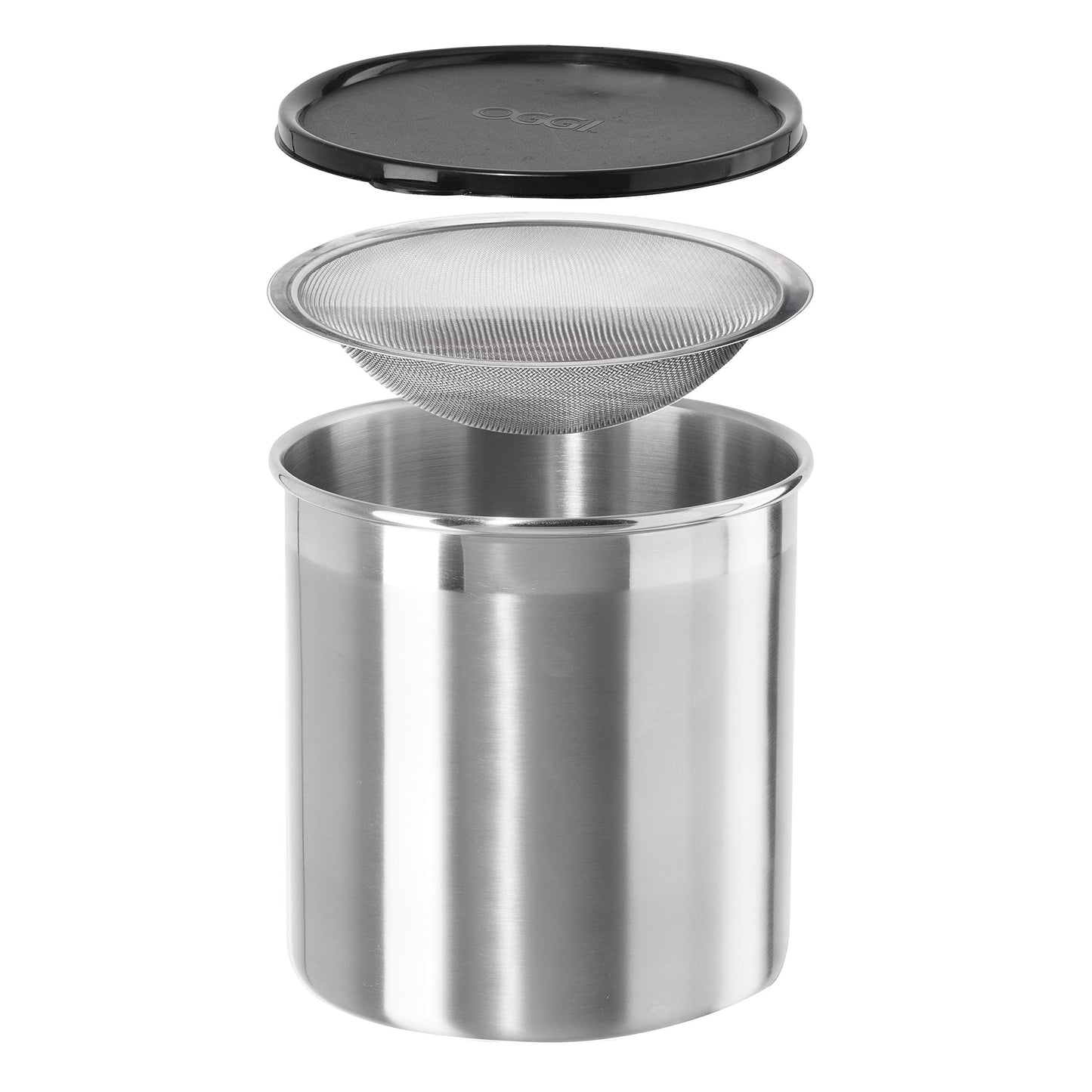 Oggi Stainless Steel Jumbo Grease Container with Removable Strainer and Snug Lid. Perfect container for fryer oil, bacon drippings, lard and ghee…