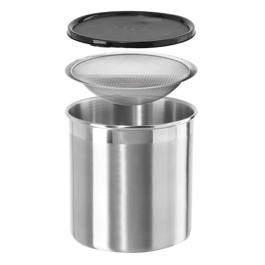 Oggi Stainless Steel Jumbo Grease Container with Removable Strainer and Snug Lid. Perfect container for fryer oil, bacon drippings, lard and ghee…