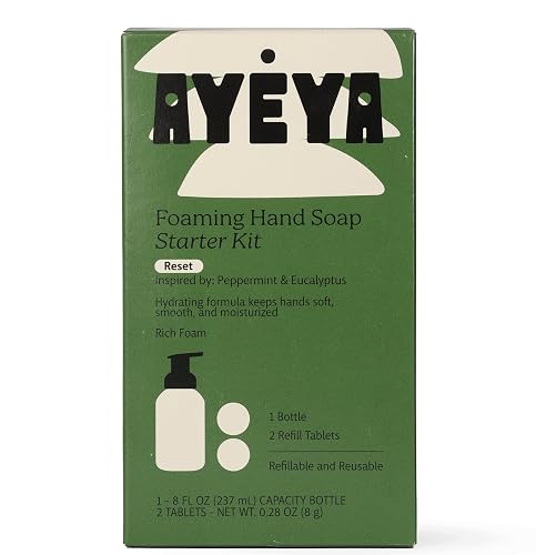 AYÉYA Foaming Hand Soap Starter Kit - Peppermint & Eucalyptus Soap Tablets with Fair Trade Coconut Oil - Refillable Cleanser for Refreshing Daily Care