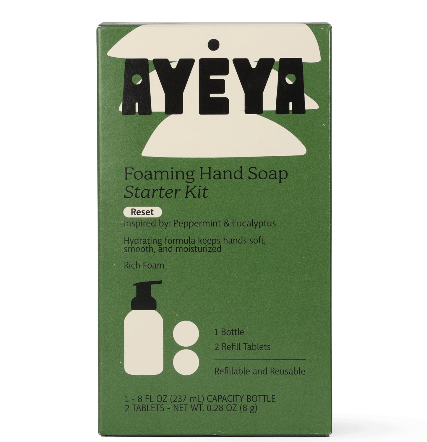 AYÉYA Foaming Hand Soap Starter Kit - Peppermint & Eucalyptus Soap Tablets with Fair Trade Coconut Oil - Refillable Cleanser for Refreshing Daily Care