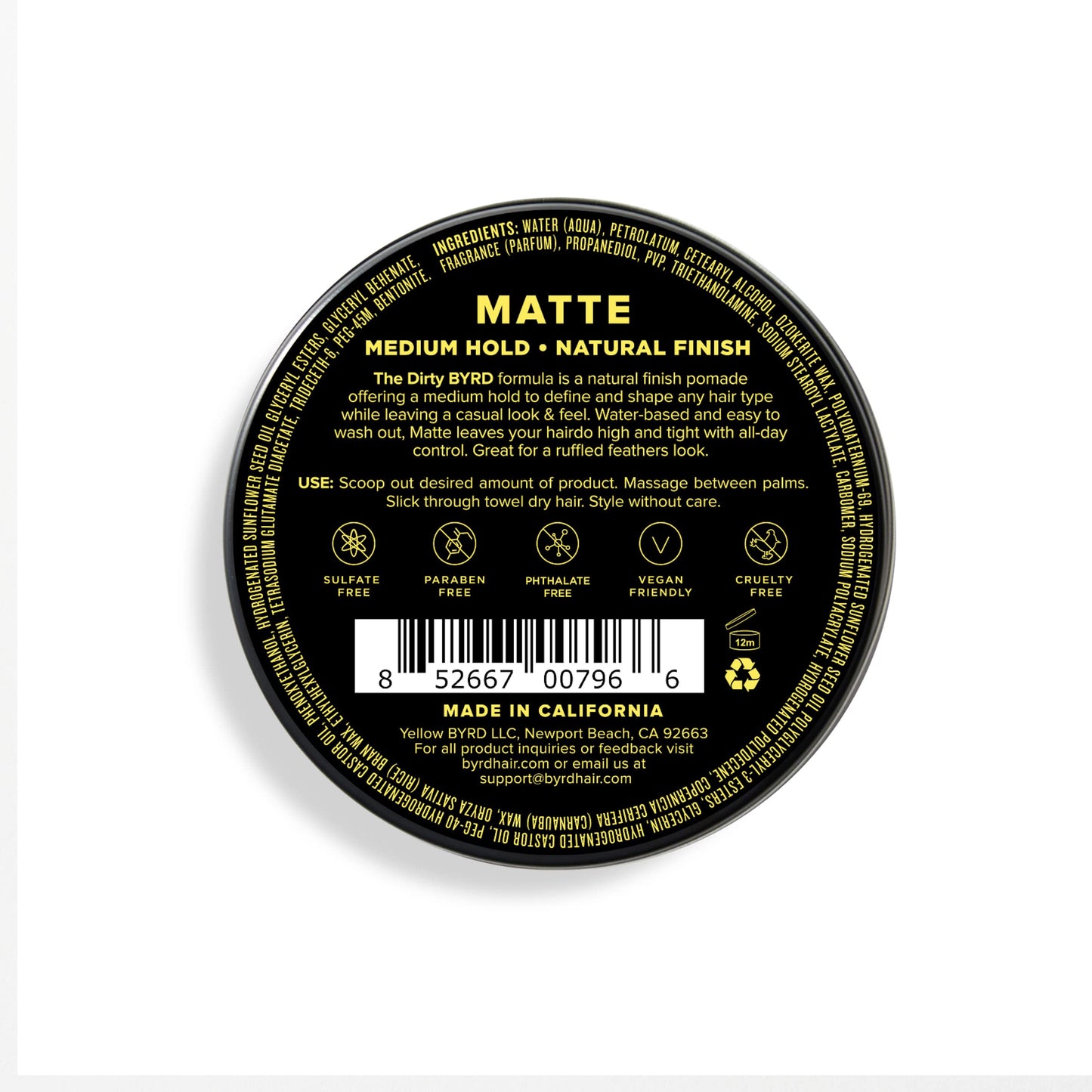 BYRD Hair Matte Pomade - Medium Hold, No Sheen, For All Hair Types, Mineral Oil Free, Paraben Free, Phthalate Free, Sulfate Free, Cruelty Free, Water