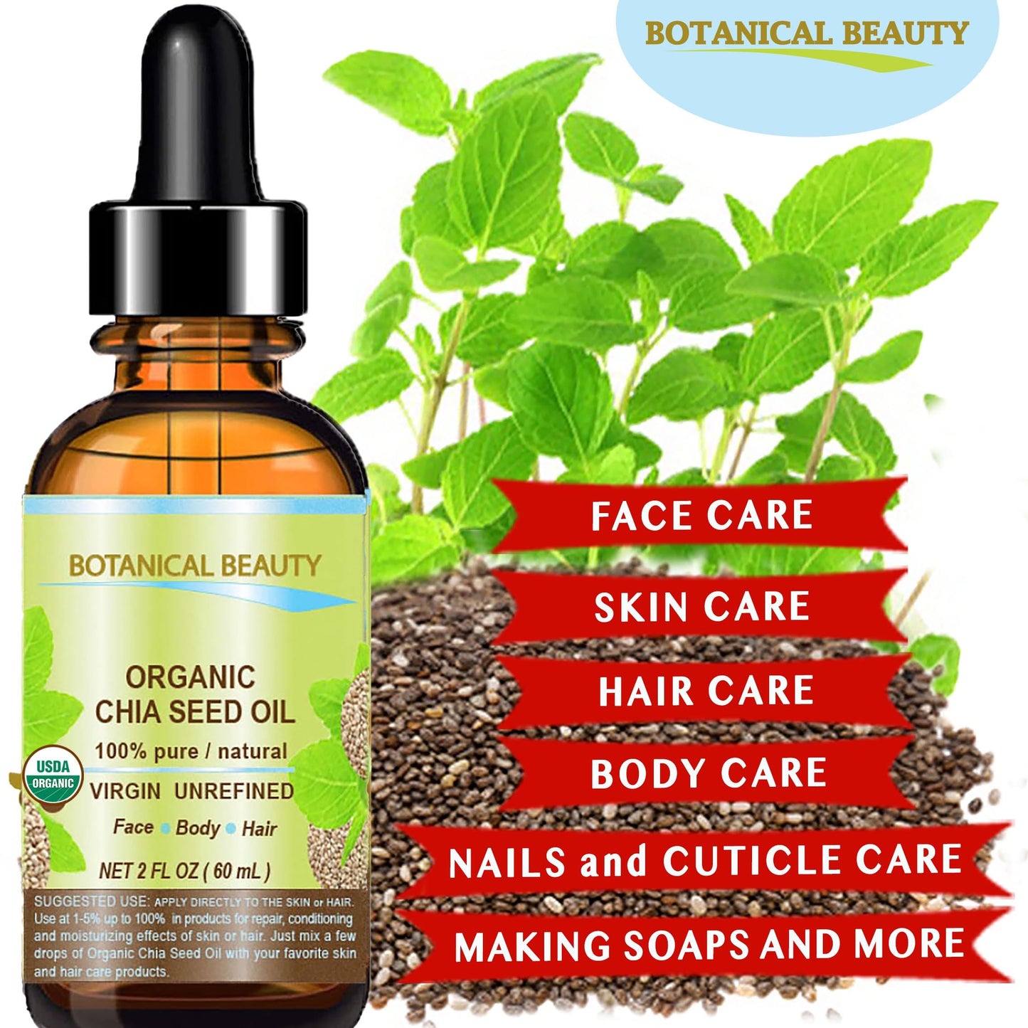 Botanical Beauty Organic CHIA SEED OIL 100% Pure Natural Virgin Unrefined Cold-Pressed Carrier Oil for Face, Skin, Body, Hair, Lip, Nails. Rich in