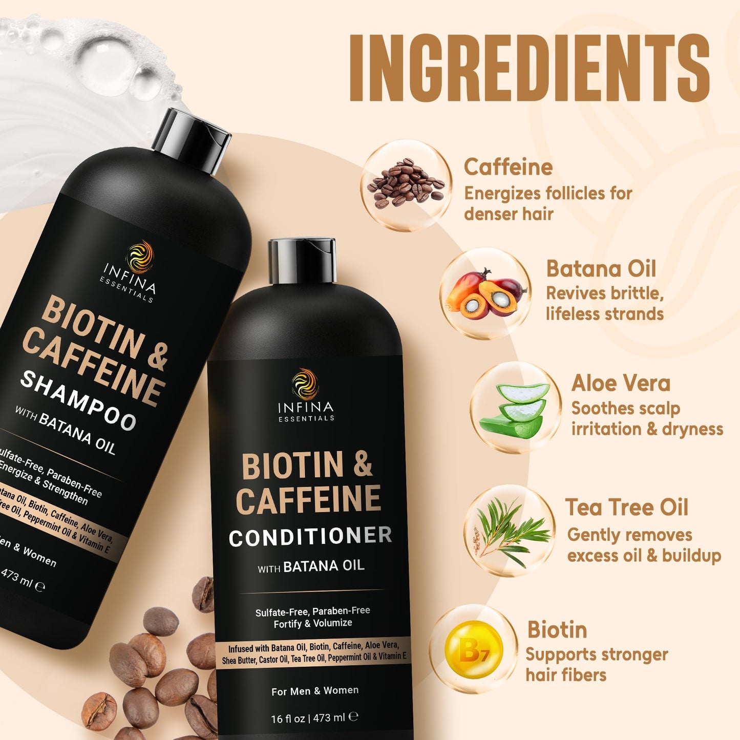 INFINA ESSENTIALS Caffeine Biotin Shampoo and Conditioner Set | Hair Thickening & Strengthening | 16 fl oz Each | with Batana Oil & Castor Oil |