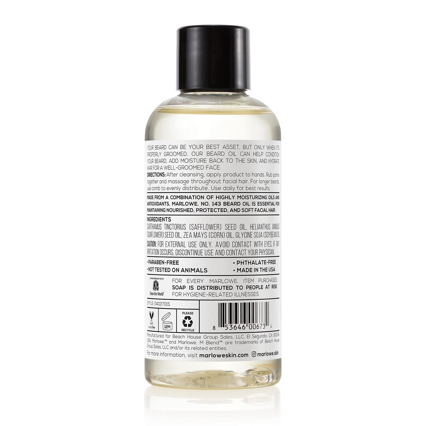 MARLOWE. No. 143 Beard Oil 3 oz, Conditioning Oil for Men, Softer & Fuller Beard Care, 100% Natural Softener with Sunflower & Safflower Oils