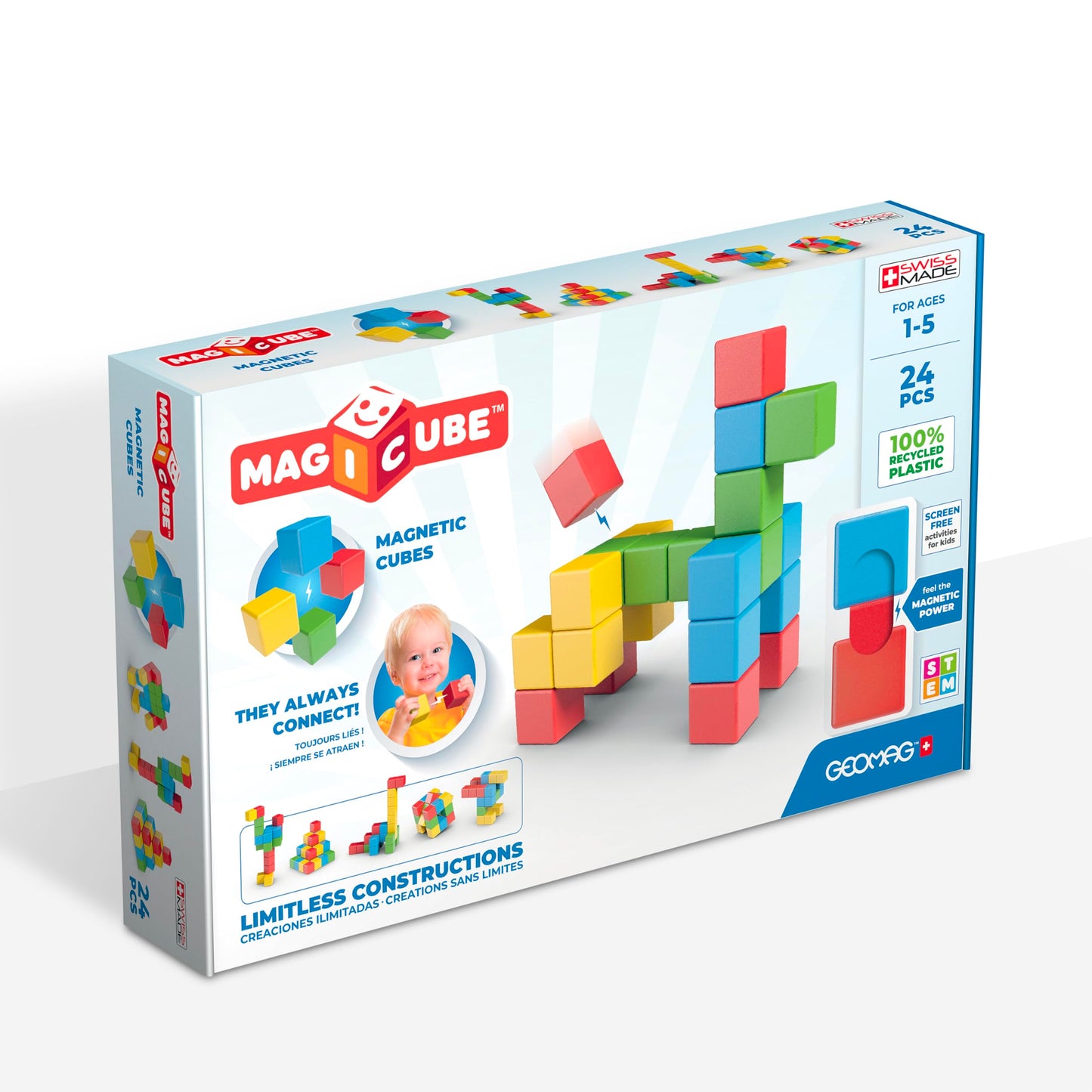 Geomag Magicube 24pcs Magnetic Blocks – Montessori Building Toys for Toddlers Ages 1-3, Sensory Magnet Set for Kids 1+ Year Old