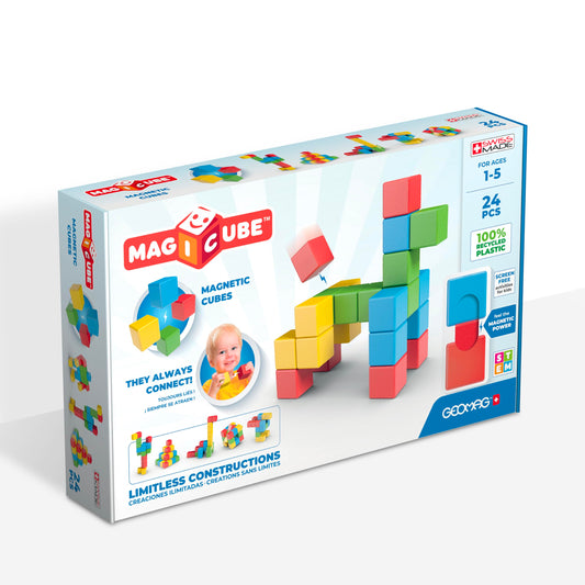 Geomag Magicube 24pcs Magnetic Blocks – Montessori Building Toys for Toddlers Ages 1-3, Sensory Magnet Set for Kids 1+ Year Old