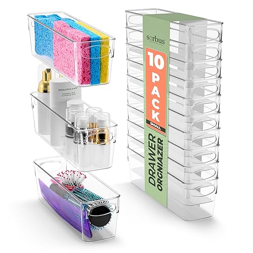 Sorbus Small Clear Plastic Storage Bins for Organizing, 10 Pack Clear Organizer Bins with Handles, Plastic Storage Bins for Closet, Pantry, Fridge…