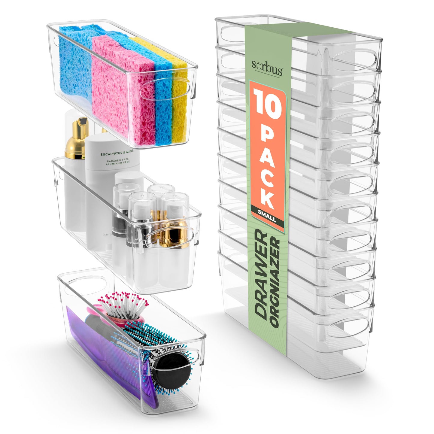 Sorbus Small Clear Plastic Storage Bins for Organizing, 10 Pack Clear Organizer Bins with Handles, Plastic Storage Bins for Closet, Pantry, Fridge…