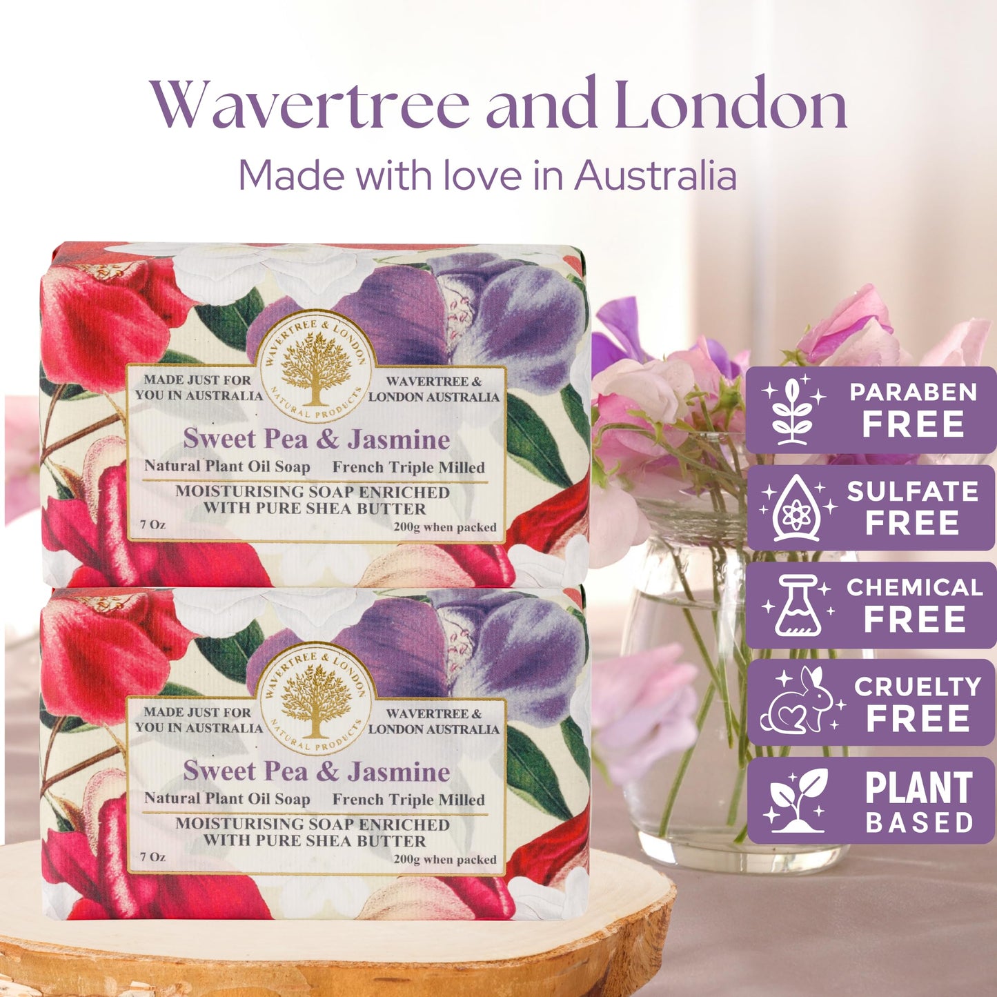 Wavertree & London Sweet Pea & Jasmine Scented Natural Soap (2 Bars), 7oz Moisturizing French Triple Milled Soap Bars enriched with shea butter - Pure