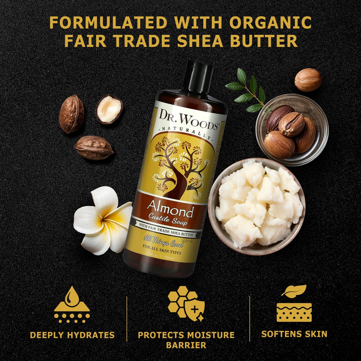 Dr. Woods Almond Liquid Castile Soap - Castile Soap with Pure Almond Oil, Body Wash for Men and Women, Organic Shea Butter, Natural Cleaner for Face