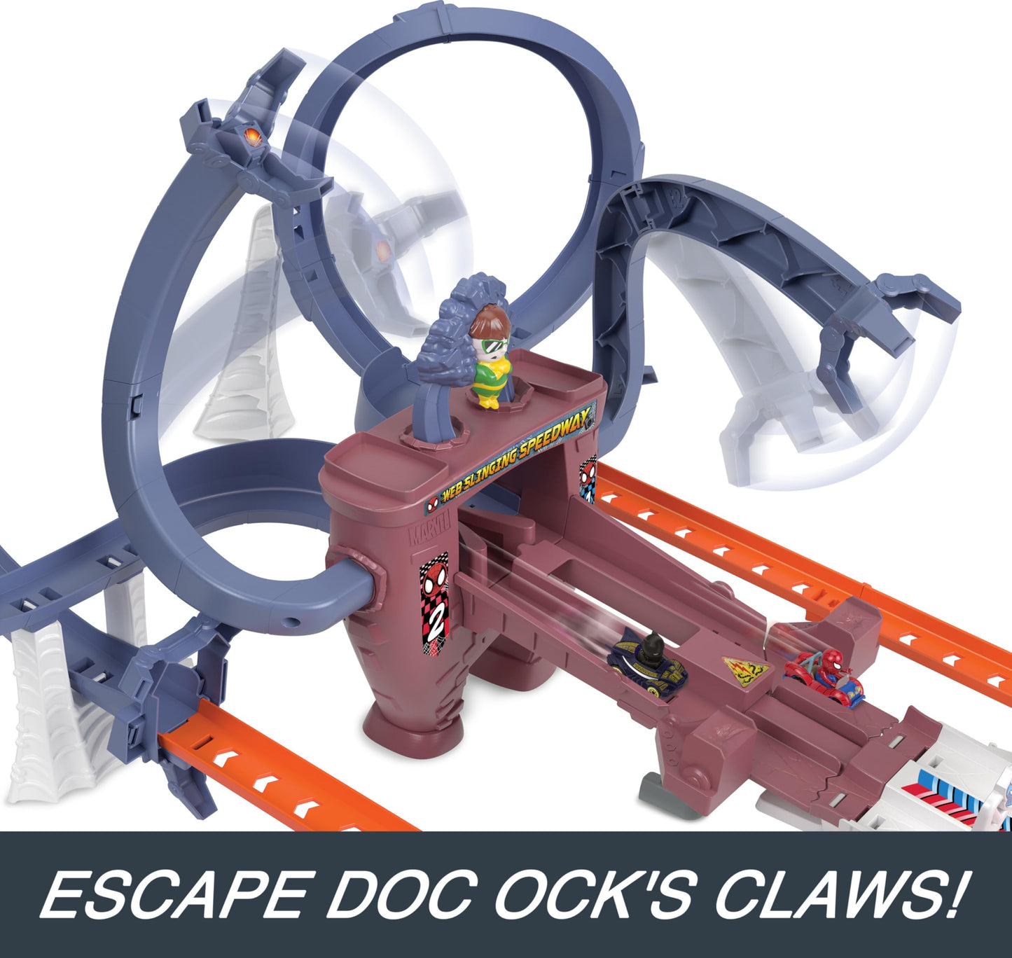 Hot Wheels RacerVerse Toy Car Track Set, Spider-Man’s Web-Slinging Speedway, 2 1:64 Scale Racers: Spider-Man & Black Panther
