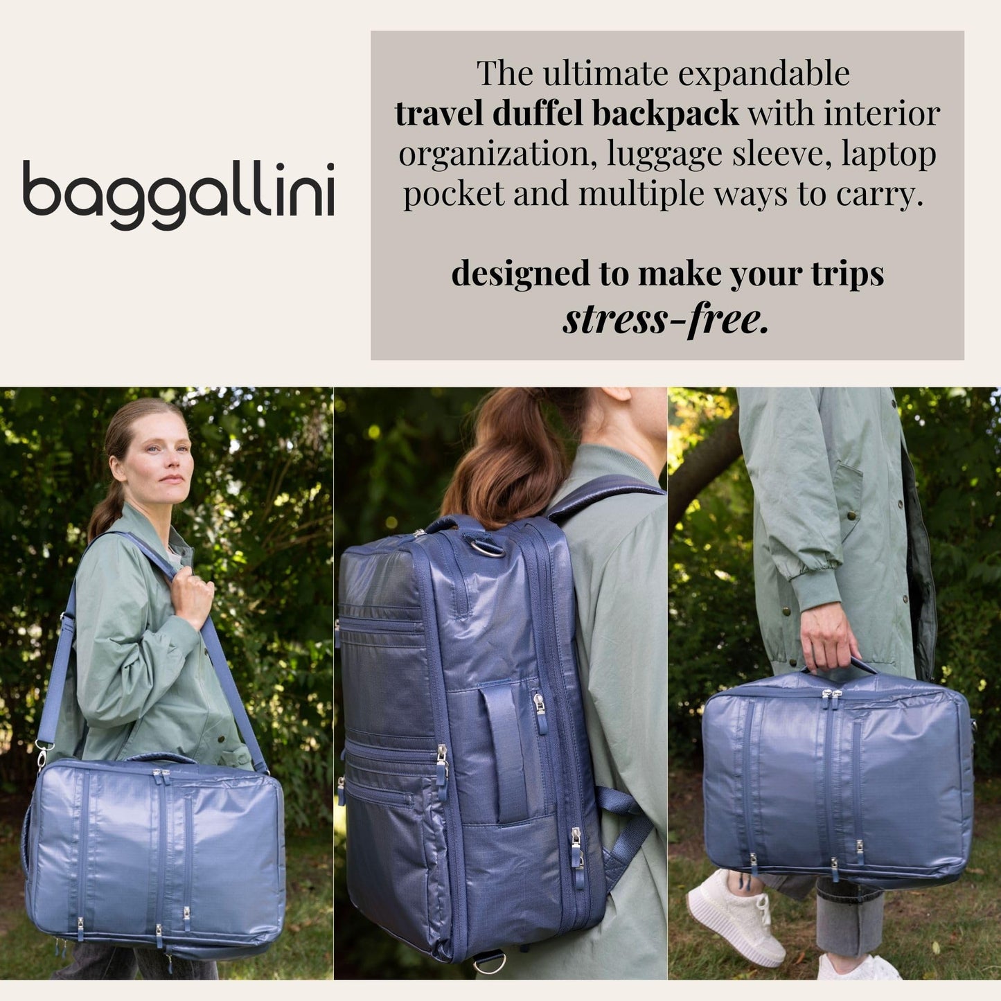 Baggallini Modern Convertible Travel Backpack - Lightweight 11.8"x17.7"x 8.5" Duffel Weekender w/Laptop Pocket