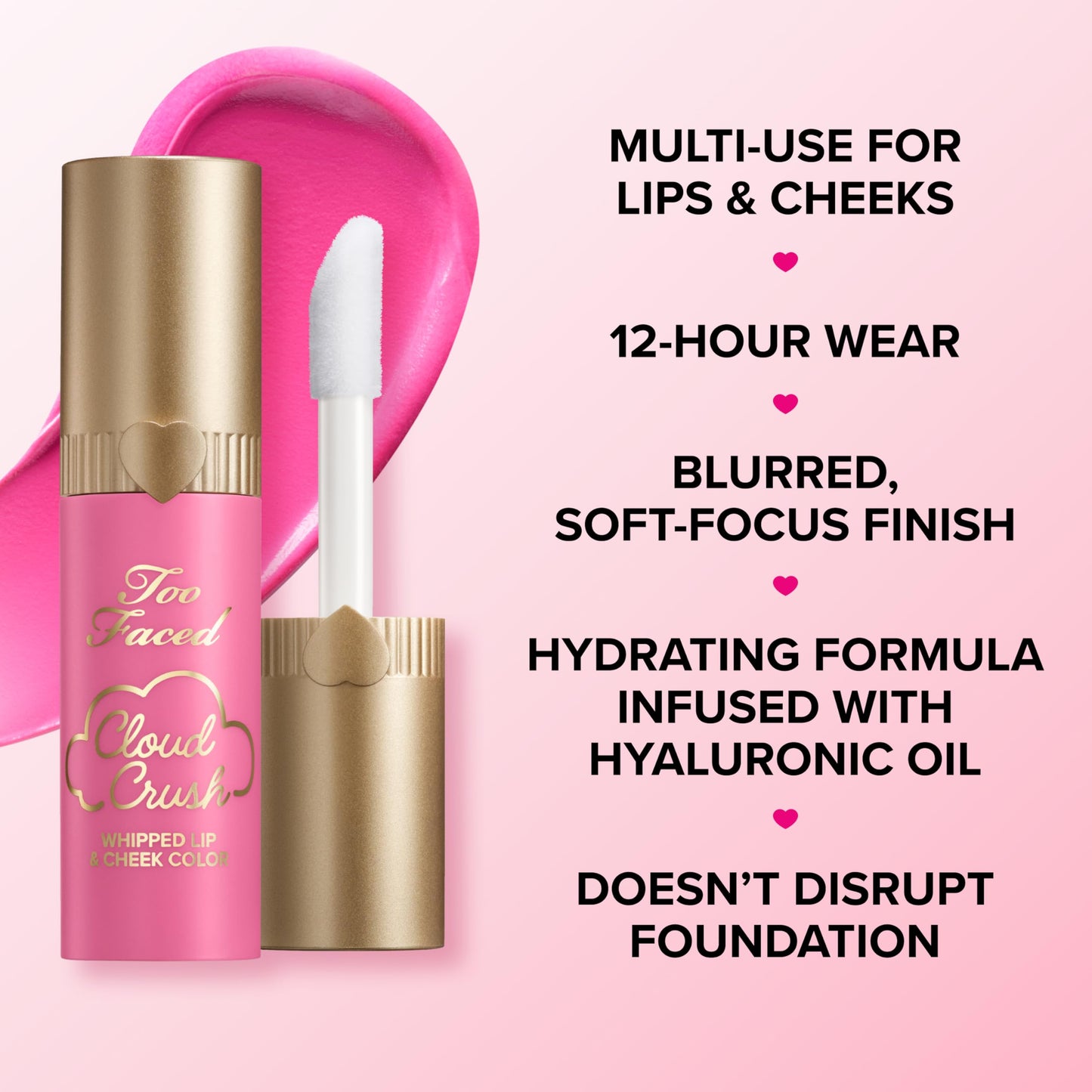 Too Faced Cloud Crush Whipped Lip & Cheek | Creamy Multi-Use Formula with Hyaluronic Oil for a Soft-Focus Longwear Flush, 0.15 Fl Oz, Bed of Roses