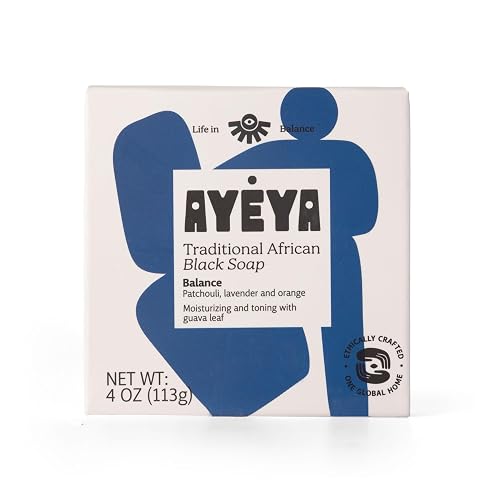 AYÉYA African Black Soap Bar, Patchouli, Lavender & Orange (Balance) - Exfoliating Bar Soap for Dry, Combination, Sensitive, Acne-Prone Skin, 4 O