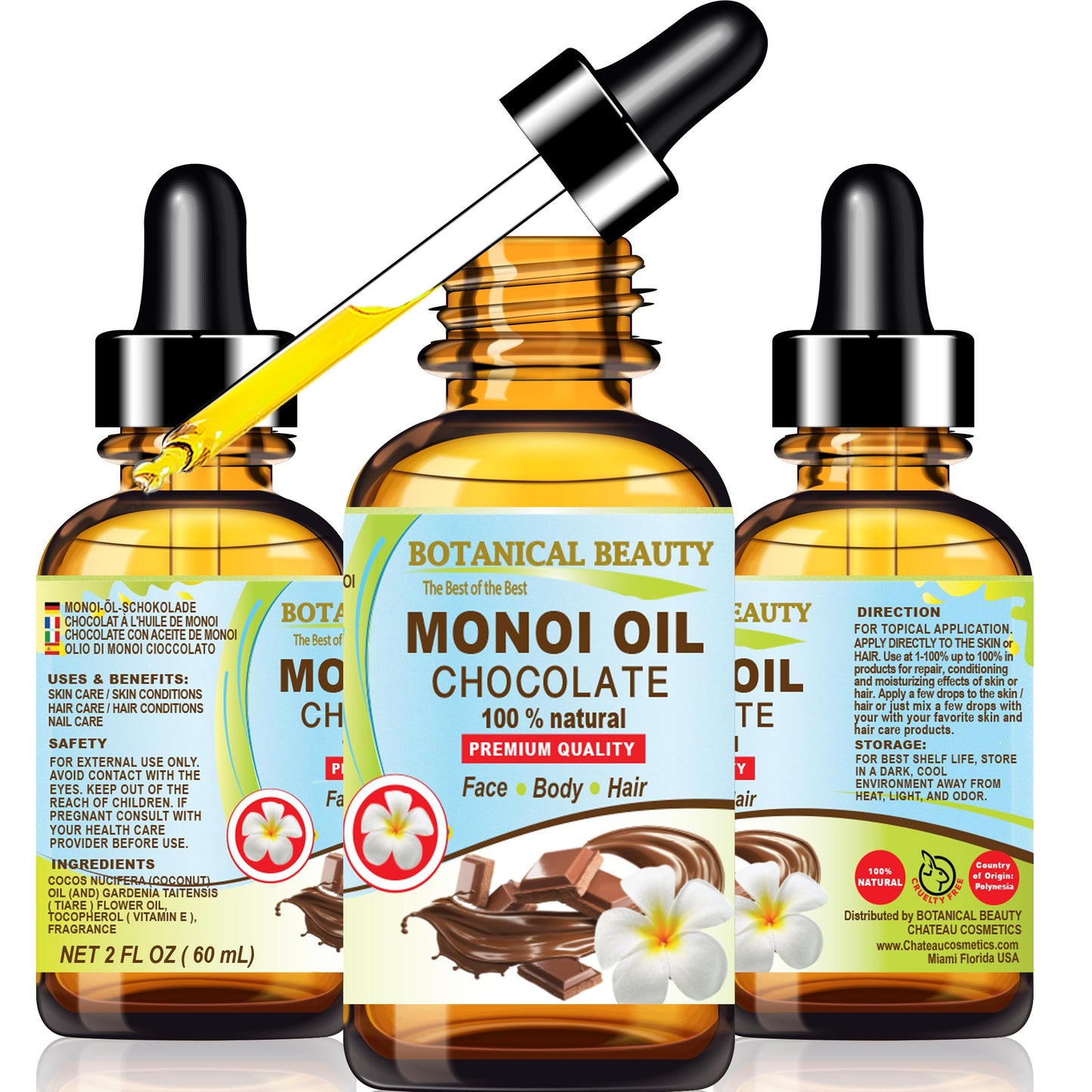 Botanical Beauty MONOI OIL Chocolate. Frangipani flowers in Coconut Oil with Chocolate aroma. 100% Natural Pure for FACE, SKIN, BODY, HAIR, NAILS