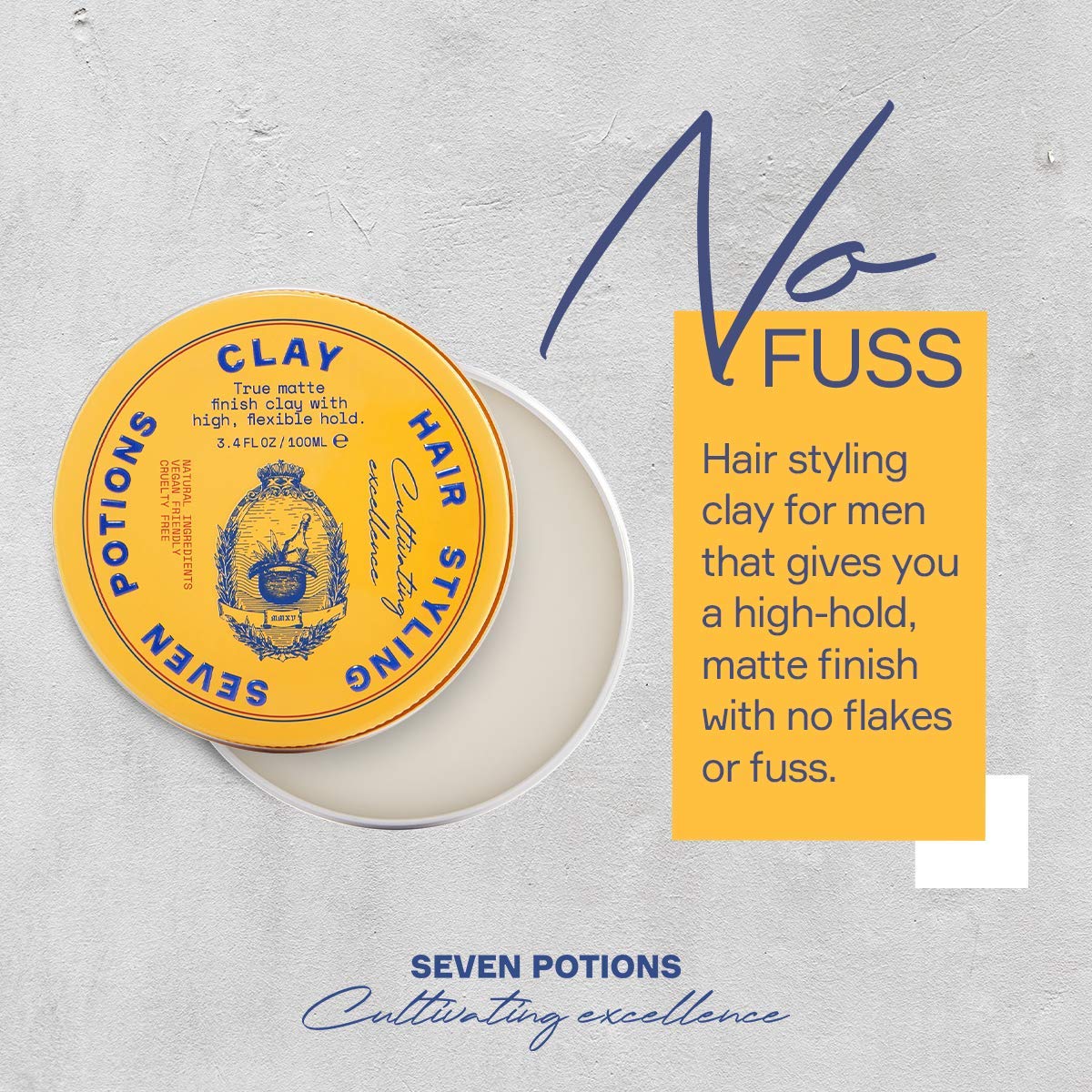 SEVEN POTIONS Hair Clay For Men and Women 3.4 fl oz - High Hold No Shine Hair Pomade For Men - Effortless Hair Styling Product That Leaves No Residue