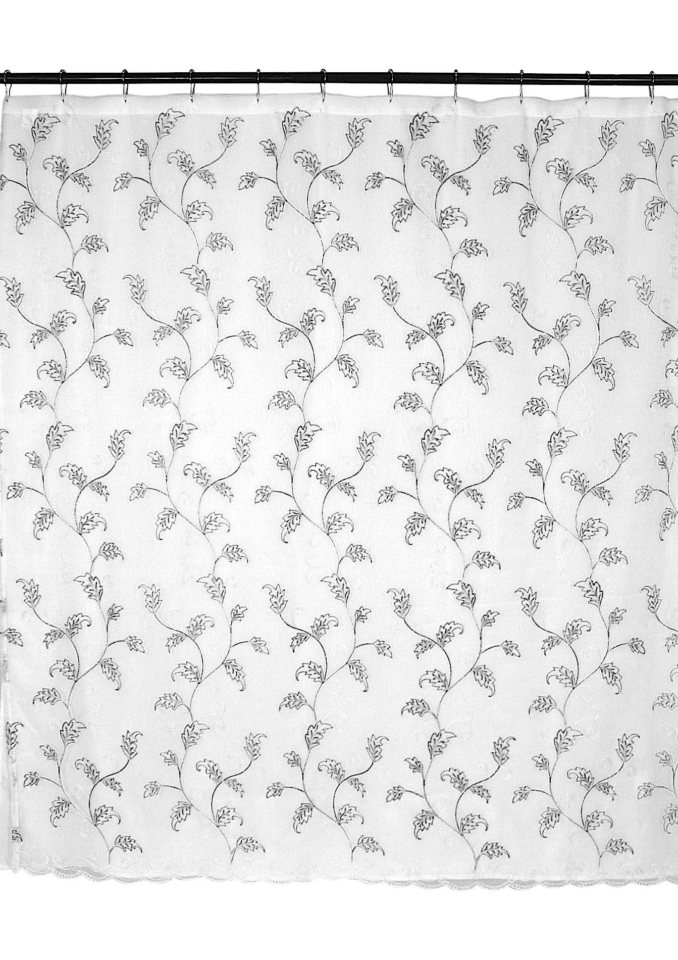 SERAFINA Decorative Sheer Fabric Shower Curtain: Two Toned Grey and White Embroidered Leaves with Metallic Threading (White/Grey) 70 x 72