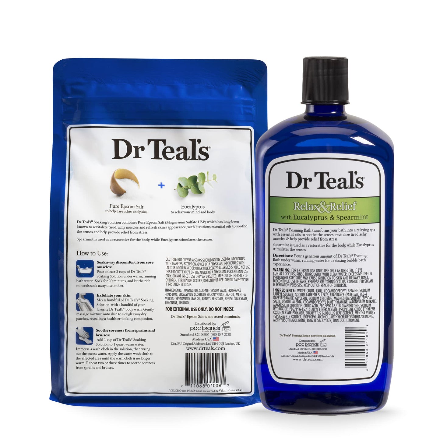 Dr Teal's Epsom Salt Soaking Solution and Foaming Bath with Pure Epsom Salt, Eucalyptus 3 Pound Bags, and 34 Ounce Bottle