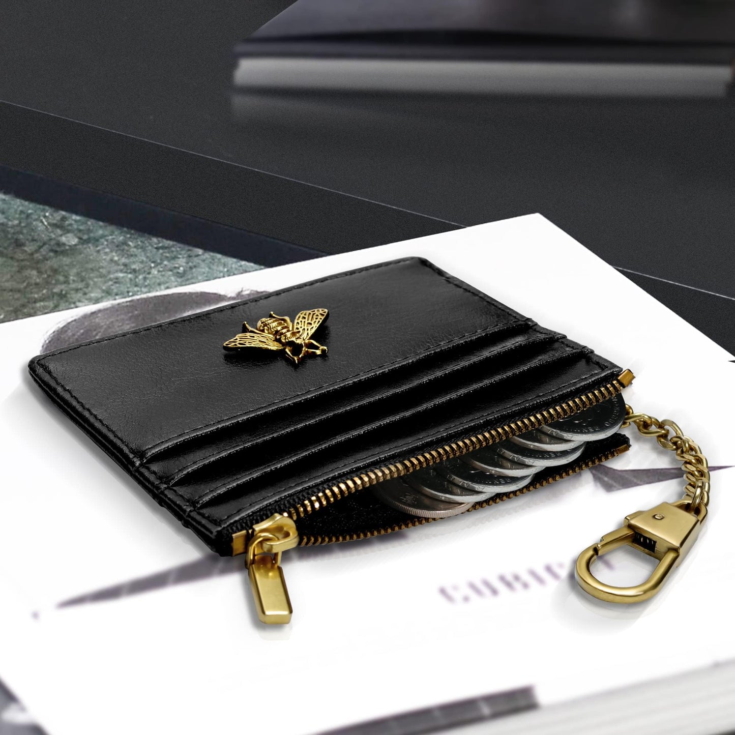 SEAVILIA Card Holder Keychain Wallet for Women with ID Window RFID Coin Purse Bee Gifts Slim Minimalist Small Wallet
